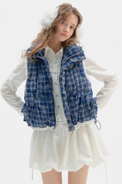 Thickened Velvet Blue Check Cotton Jacket