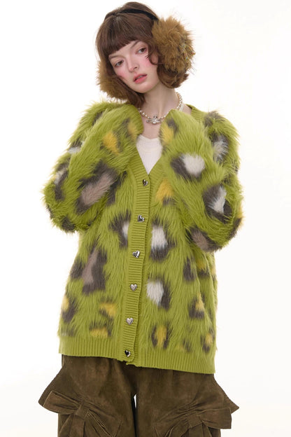 Autumn Glutinous Green Leopard Cardigan