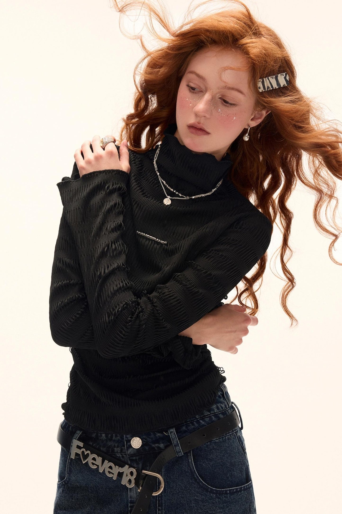 High Neck Knitted Striped Slimming Shirt