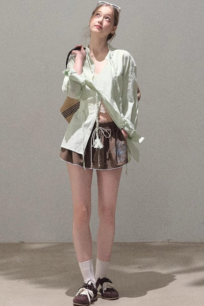 Striped Linen-Cotton Beaded Shirt