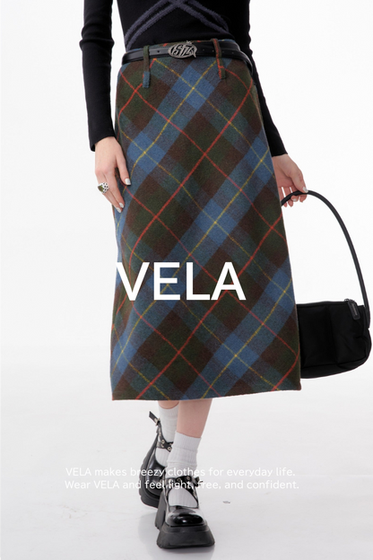 american retro high waist blue plaid skirt