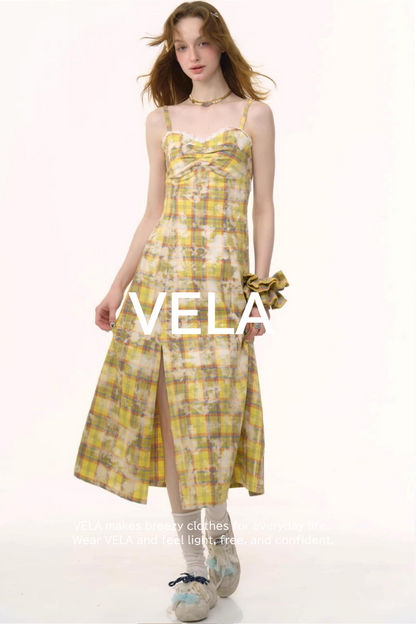 Vintage Yellow Plaid Halter Dress