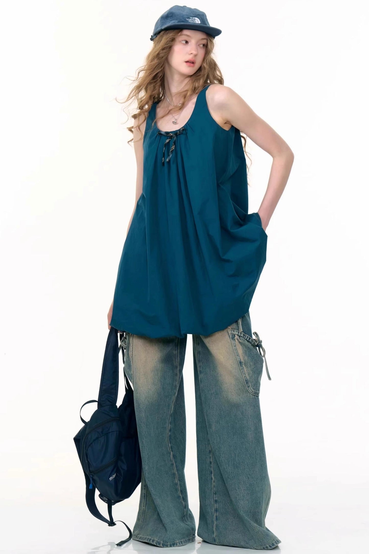 Summer Bow Dark Blue Sleeveless Dress