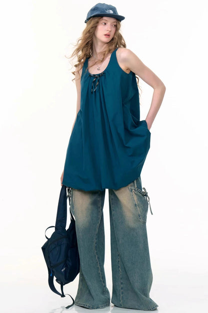 Summer Bow Dark Blue Sleeveless Dress