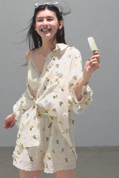 Flowers Cotton Embroidered Casual Shirt Set-Up