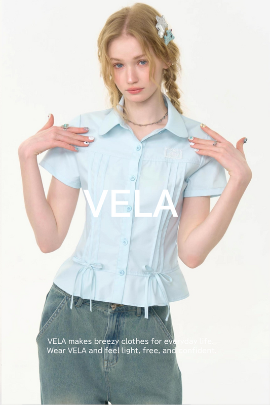 Retro Blue Bow Blouse