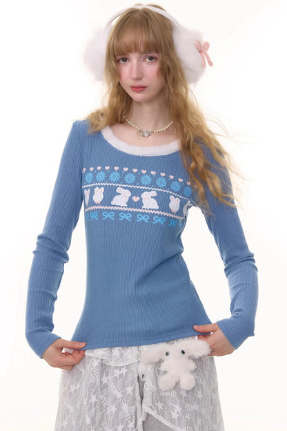 Slim Rabbit Print Knitted Base Shirt