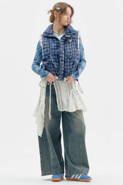 Thickened Velvet Blue Check Cotton Jacket