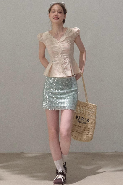 Dual-Color Sequin A-Line Mini Skirt
