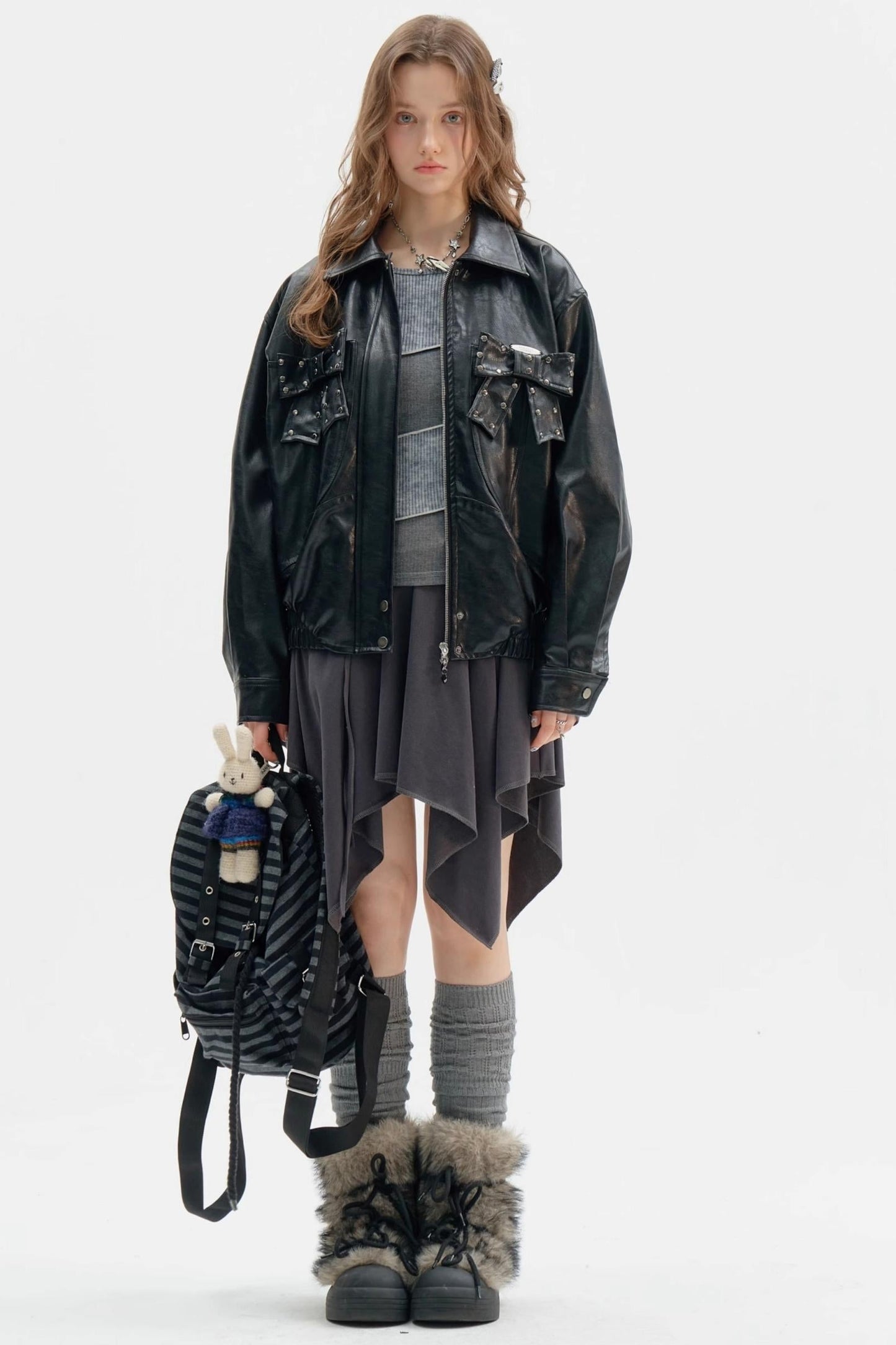 Premium Bow Black PU Leather Jacket