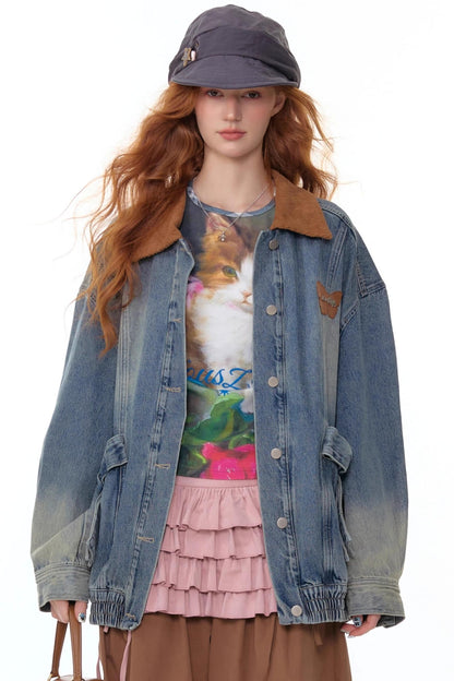 Bow Corduroy Collar Retro Denim Jacket