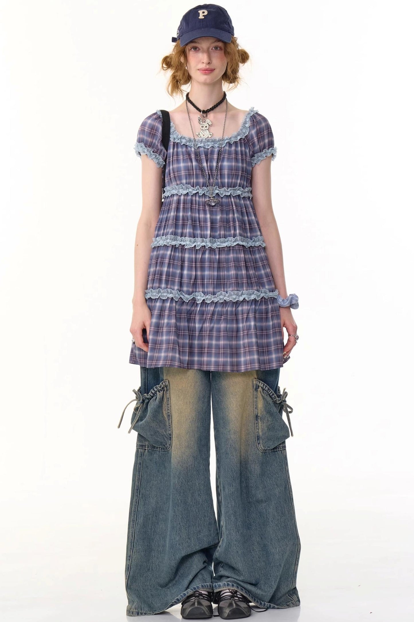 Purple Plaid Puff Sleeve Dress