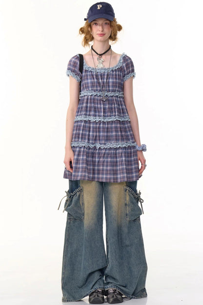 Purple Plaid Puff Sleeve Dress