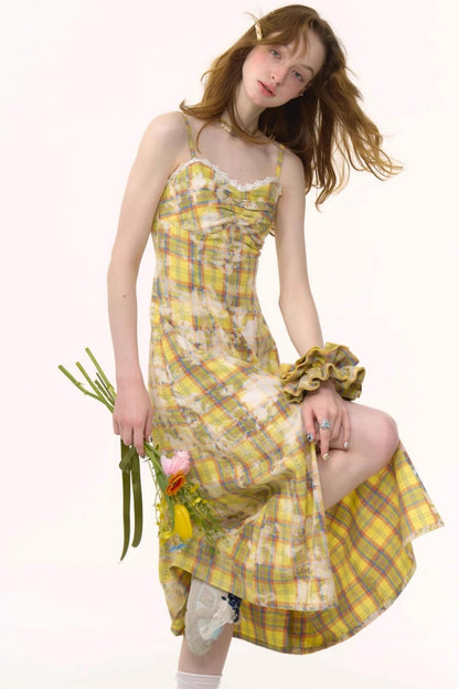 Vintage Yellow Plaid Halter Dress