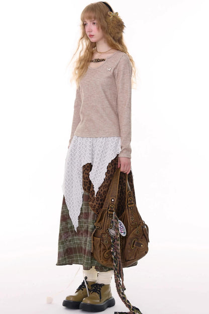 High Waist Irregular Plaid Leopard Print Midi Skirt