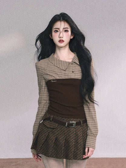 Knitted Long-Sleeved Plaid Top