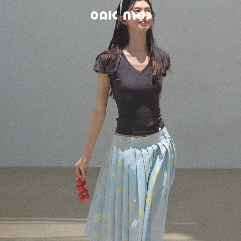 Running Waves Cotton Poplin Pleated Midi Skirt