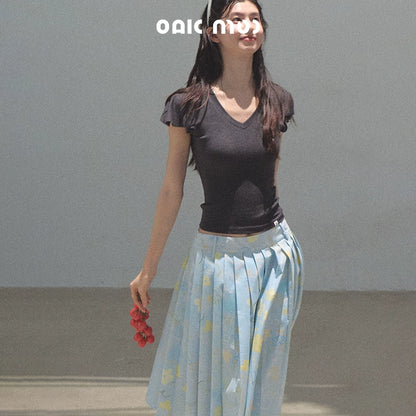 Running Waves Cotton Poplin Pleated Midi Skirt