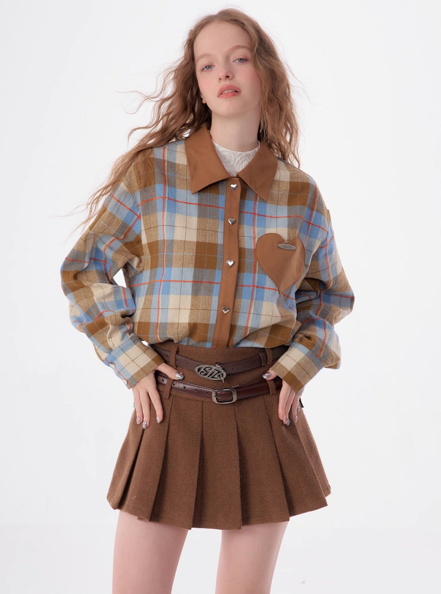 American retro casual love plaid long sleeve Shirt