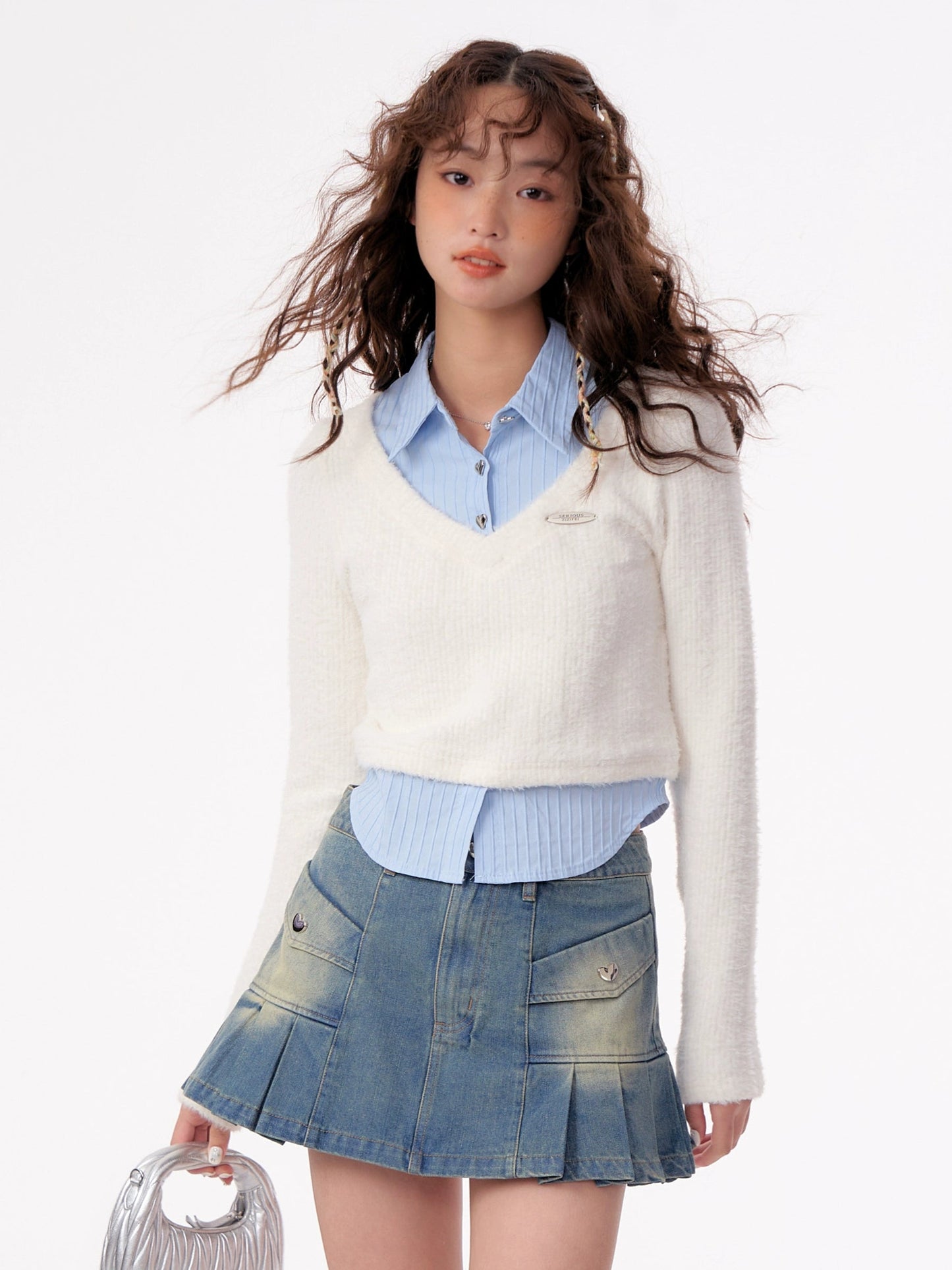 American vintage fake two-piece set long sleeve top