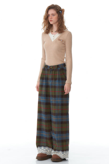 Retro Plaid Lace Stitched Pants