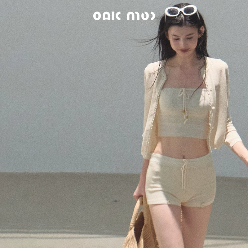 Apricot Blossom Ice Silk Knitted Cardigan Shorts Set-Up
