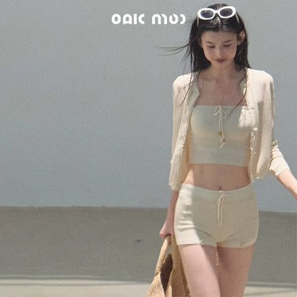 Apricot Blossom Ice Silk Knitted Cardigan Shorts Set-Up
