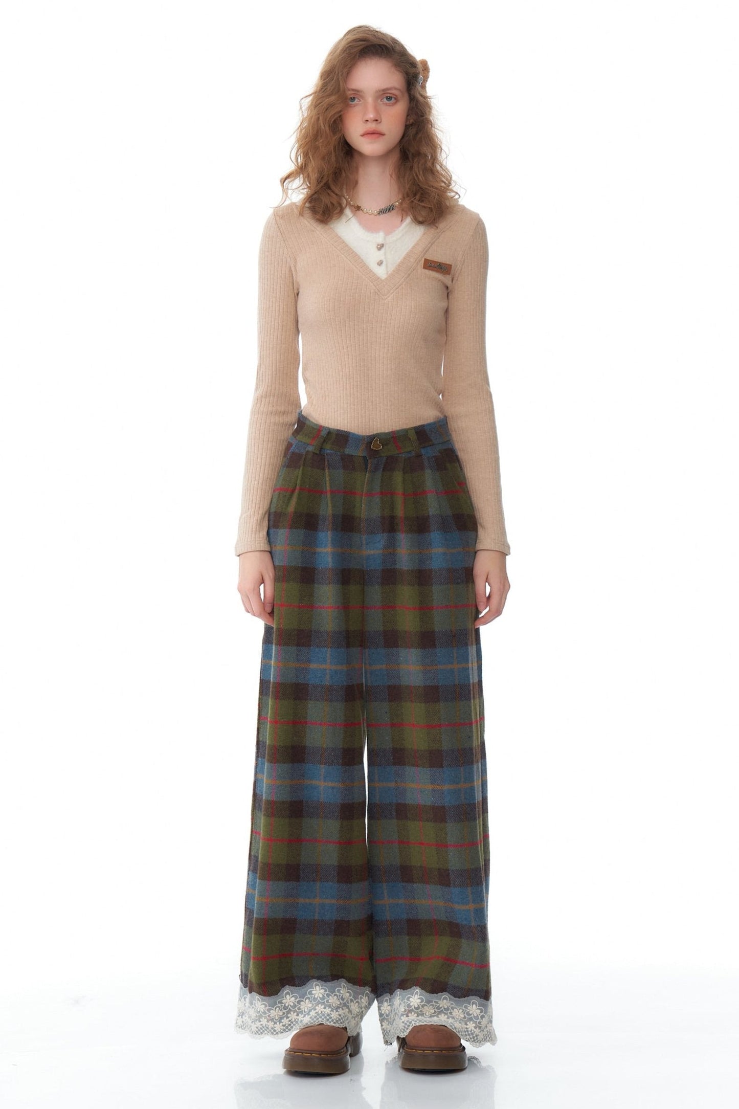 Retro Plaid Lace Stitched Pants
