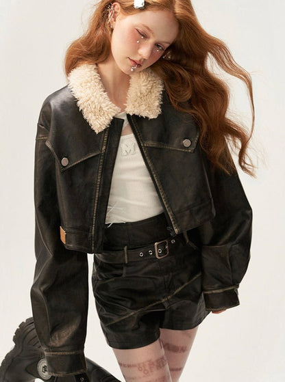 distressed spray painted zipper short jacket