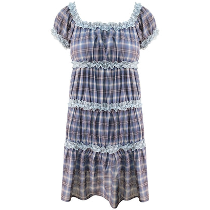 Purple Plaid Puff Sleeve Dress