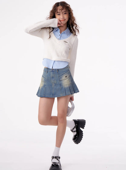 American vintage fake two-piece set long sleeve top