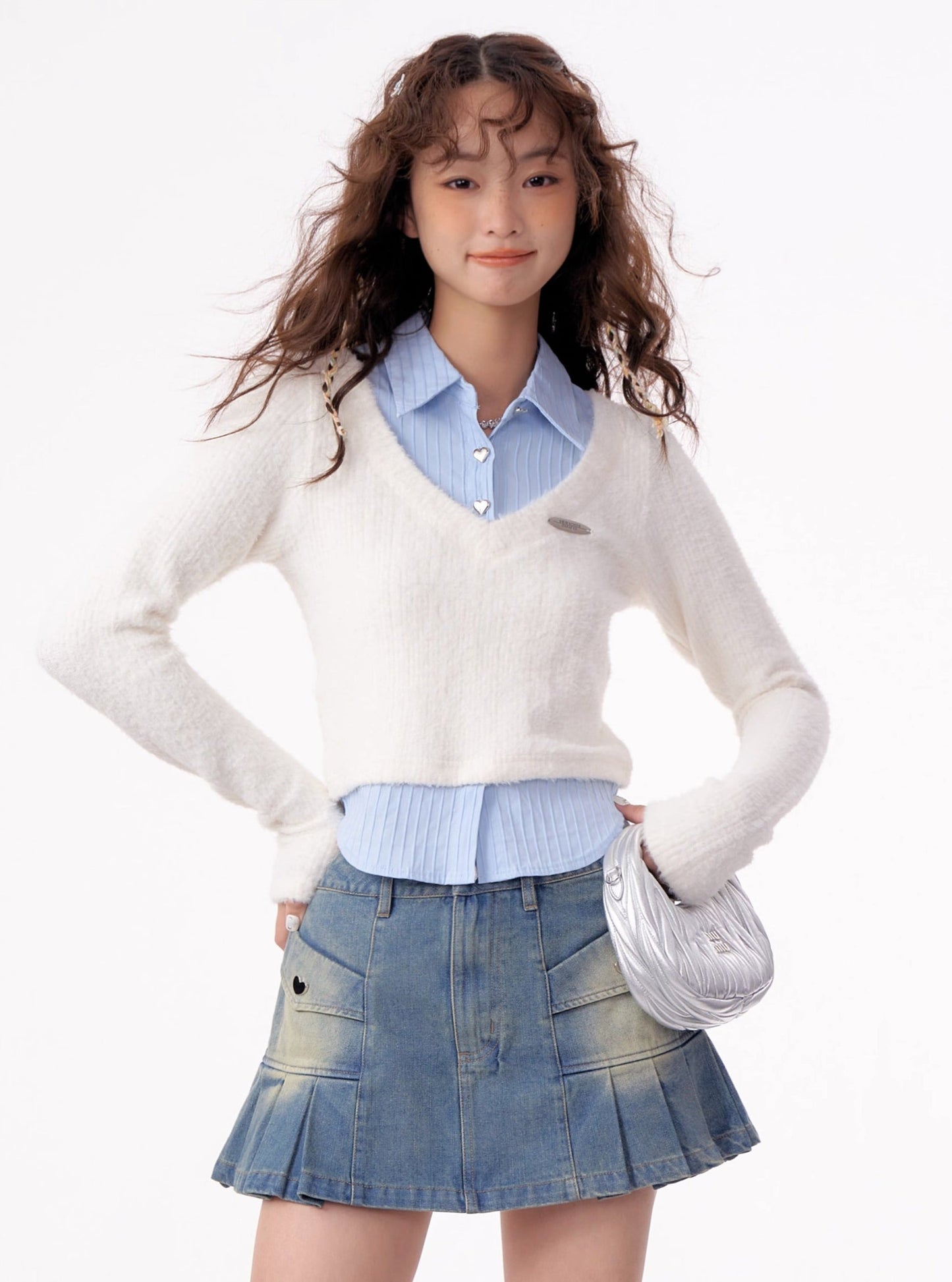 American vintage fake two-piece set long sleeve top