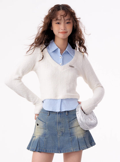 American vintage fake two-piece set long sleeve top