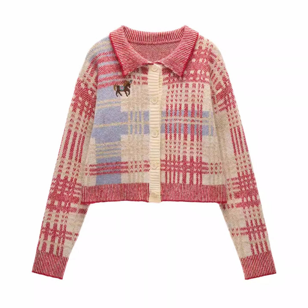 Plaid Red Knit Cardigan