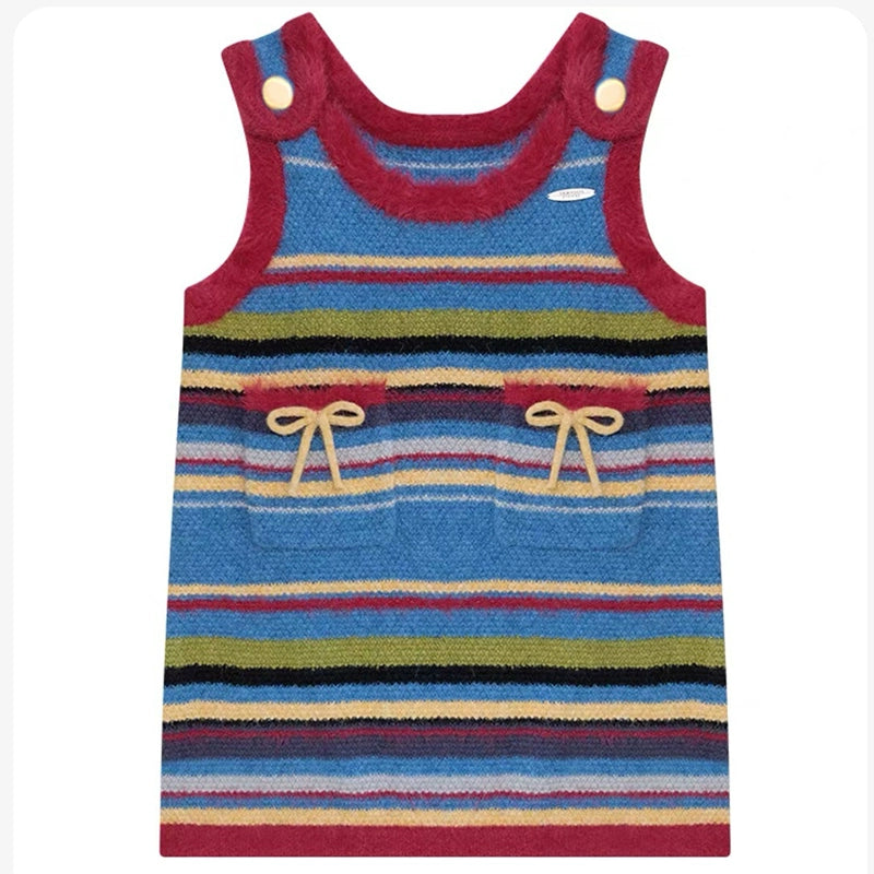 American Retro Striped Bow Knitted Vest Dress