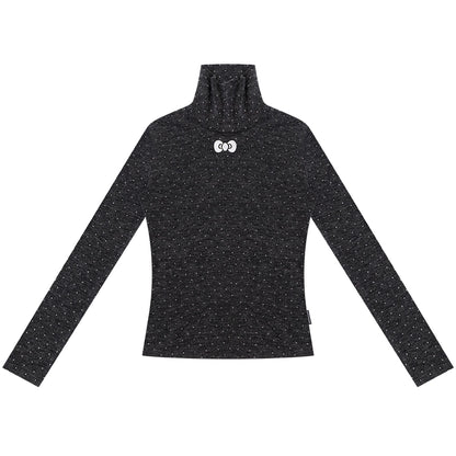 Retro Polka Dot High-Neck Long Sleeve T-Shirt