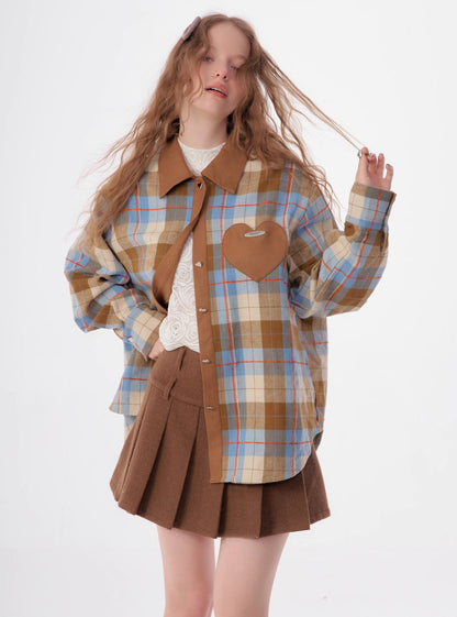 American retro casual love plaid long sleeve Shirt