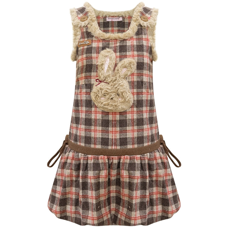 Autumn Reddish-Brown Plaid Rabbit Pocket Vest Dress