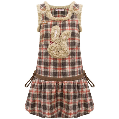 Autumn Reddish-Brown Plaid Rabbit Pocket Vest Dress