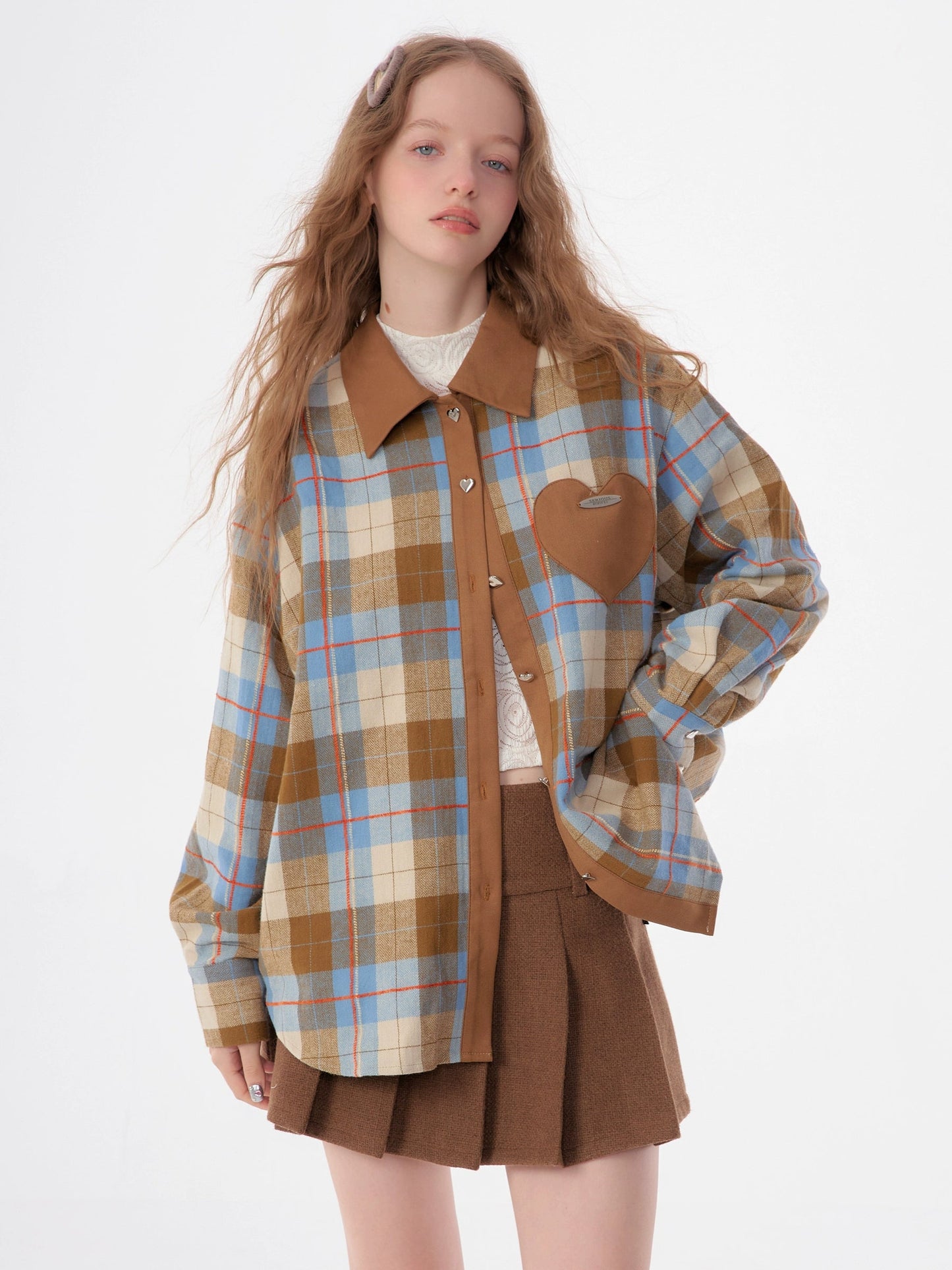 American retro casual love plaid long sleeve Shirt