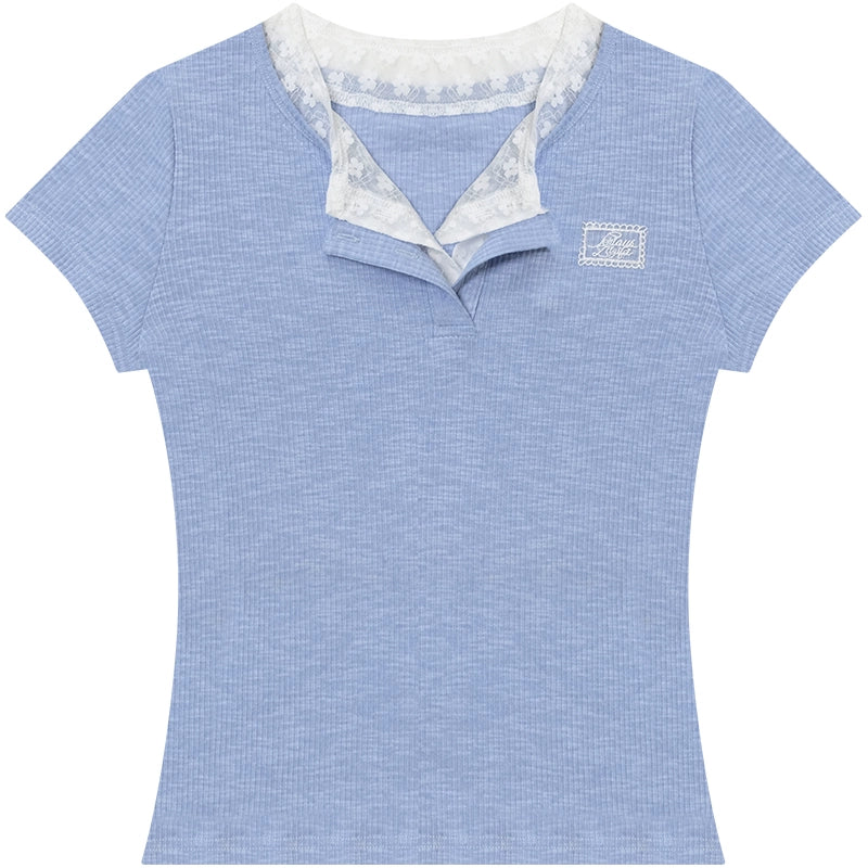 Lace Patchwork Fitted Two-Layer T-Shirt