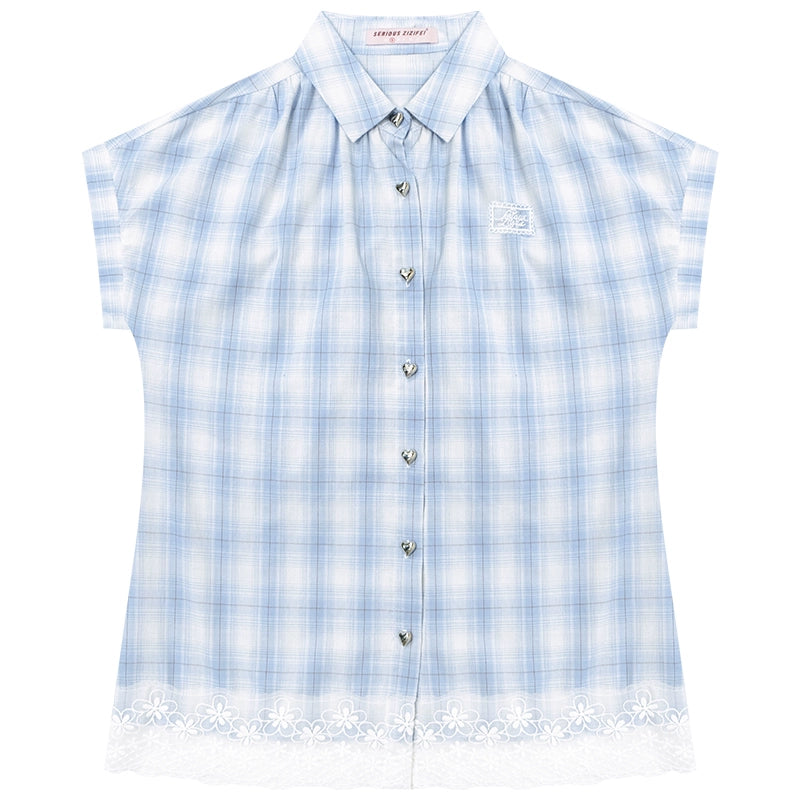 Vintage Blue Plaid Lace Trim Top