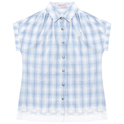 Vintage Blue Plaid Lace Trim Top