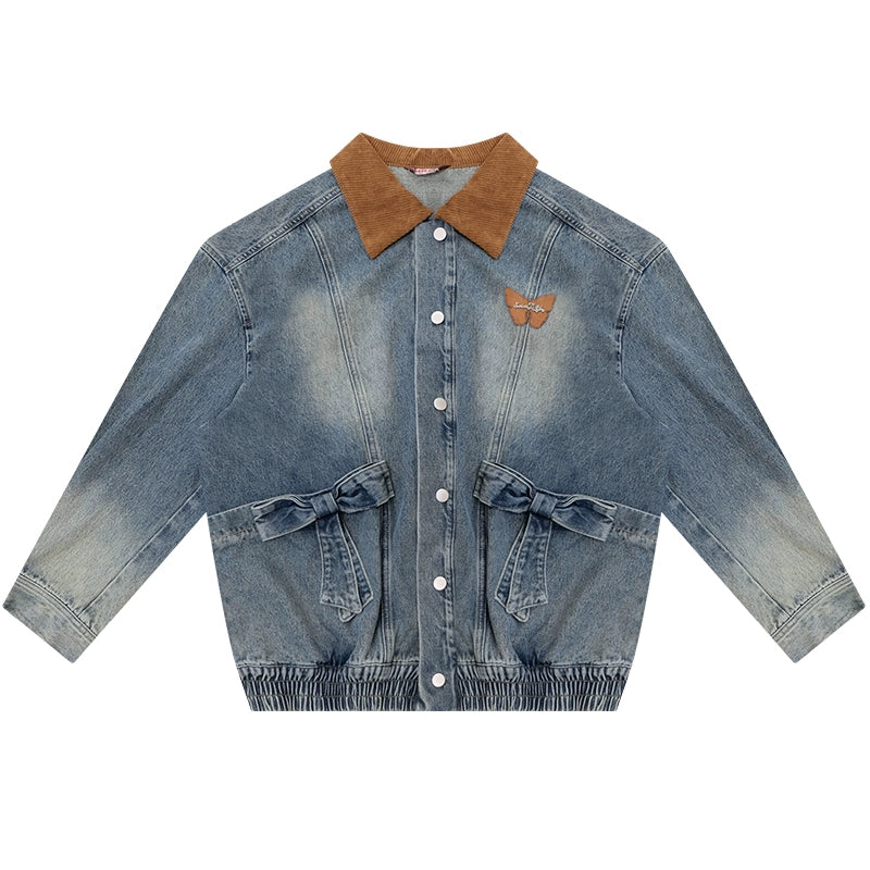 Bow Corduroy Collar Retro Denim Jacket