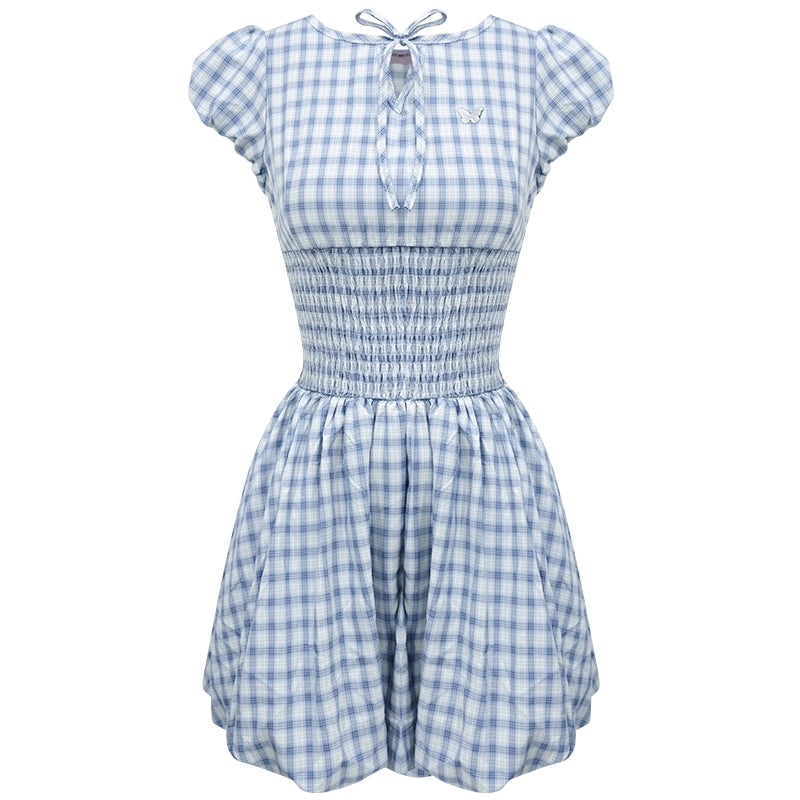 Blue Plaid Puff Sleeve Dress