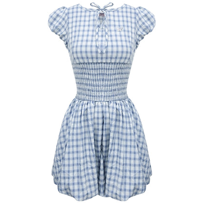 Blue Plaid Puff Sleeve Dress