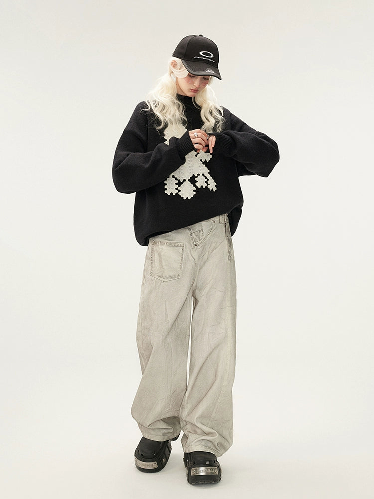 deconstructs patchwork dirty jeans pants