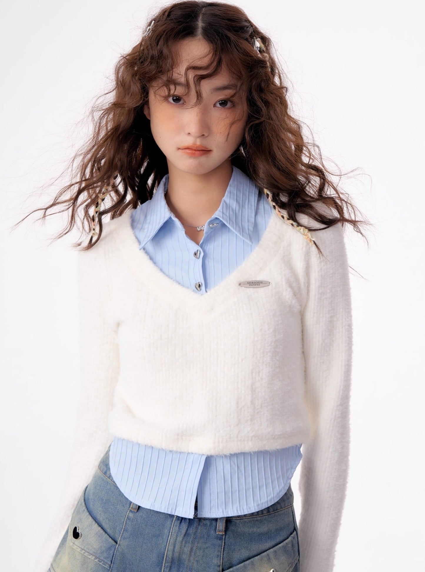 American vintage fake two-piece set long sleeve top