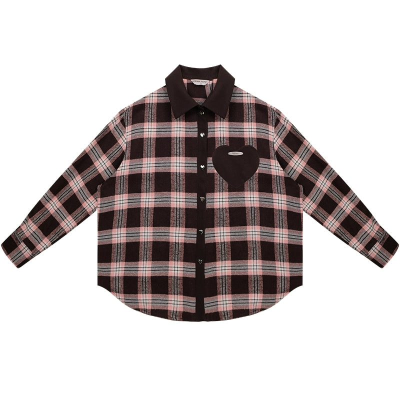 American retro casual love plaid long sleeve Shirt