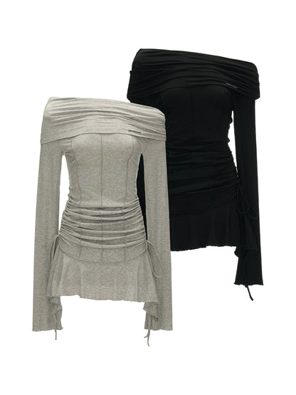 Slanted Pleated French Waist Long Sleeve Midi Dress